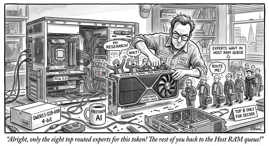 Cartoon: a harried technician in a shirt labelled FRED TECH shoves tiny, protesting academics into an NVIDIA RTX 5090 "MoE ACCELERATOR" marked FREETOKEN EXPERT CACHE, seated in a PCIe 5.0 slot. Two of them, tagged EXPERT #1 and EXPERT #2, shout "MY RESEARCH!" and "WAIT!". Off to the right a long queue of briefcase-carrying experts waits beneath a sign reading EXPERTS WAIT IN HOST RAM QUEUE, one calling "ROUTE ME!", beside a placard reading TOP 8 ONLY FOR DECODE. On the bench: a box labelled QWEN3.5-122B-A10B 4-bit, a mug reading FREETOKEN AI, and a chassis marked EDGE-NATIVE MoE SERVER. Caption: "Alright, only the eight top routed experts for this token! The rest of you back to the Host RAM queue!"