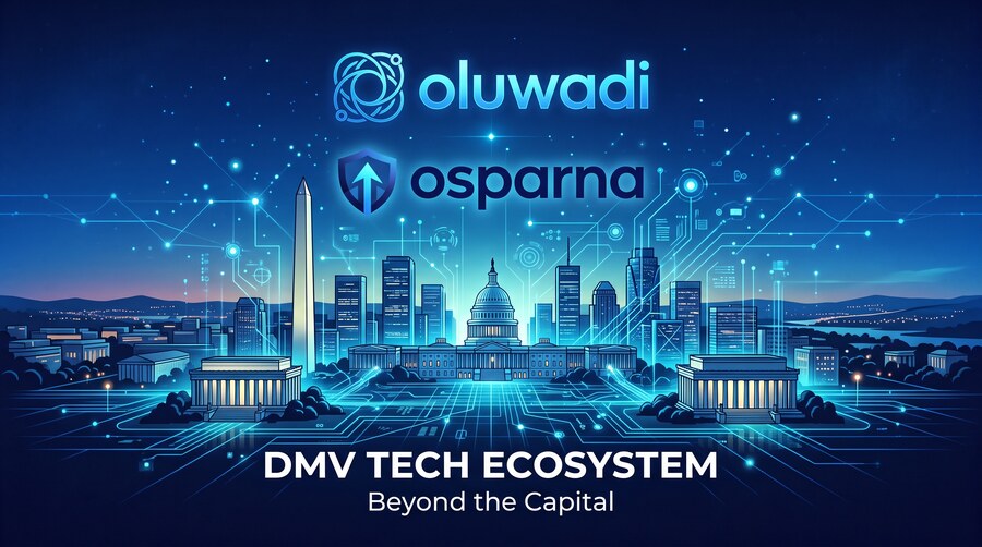 Illustration: a stylized night-time Washington DC skyline in blue, with the Washington Monument, the Capitol, and Lincoln-Memorial-style colonnades rendered as glowing circuit traces connecting into a network graph. The Oluwadi and Osparna logos sit above the skyline; a caption across the bottom reads "DMV TECH ECOSYSTEM — Beyond the Capital".