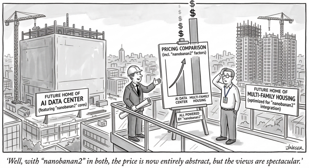 Cartoon showing an AI data center and a multi-family housing development under construction side by side, with a pricing comparison chart between them and dollar signs floating skyward
