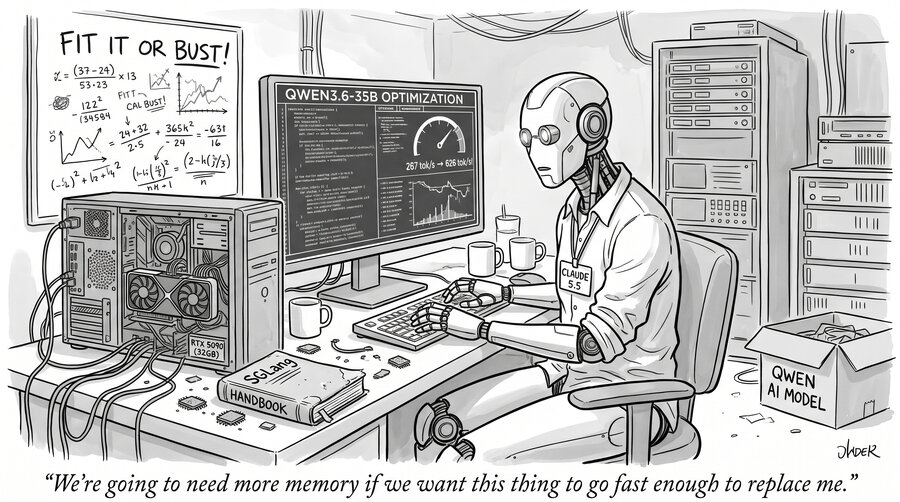 Single-panel cartoon: a humanoid robot wearing a "CLAUDE 5.5" name badge types at a desk. Its monitor reads "QWEN3.6-35B OPTIMIZATION" with a speedometer showing "267 tok/s → 626 tok/s"; an open PC labeled "RTX 5090 (32GB)" sits beside an "SGLang Handbook", a whiteboard says "FIT IT OR BUST!", and a box on the floor reads "QWEN AI MODEL". Caption: "We're going to need more memory if we want this thing to go fast enough to replace me."