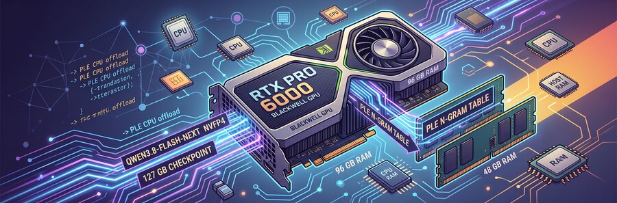 Isometric illustration: an NVIDIA RTX PRO 6000 Blackwell GPU labelled "96 GB RAM" sits centre on a circuit-trace background. A tag on the left reads "QWEN3.8-FLASH-NEXT NVFP4 — 127 GB CHECKPOINT" with glowing traces feeding into the card, while a thick arrow labelled "PLE N-GRAM TABLE" runs out of the GPU to the right into a DIMM marked "48 GB RAM", surrounded by CPU and HOST RAM chips. Floating code on the left repeats "-> PLE CPU offload".