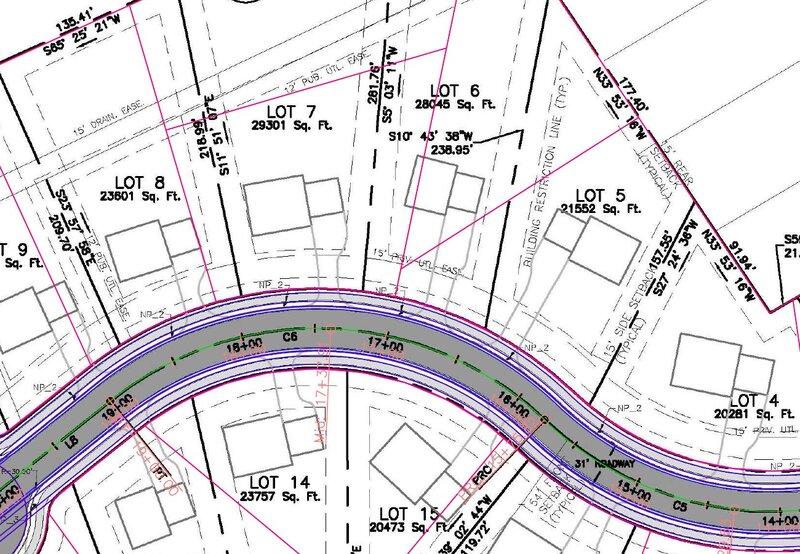 Close-up of Grok's sheet around Lots 5 through 8 and Lots 14 and 15. The reference plan's black lot lines and labels sit underneath; Grok's magenta parcel lines run diagonally across them, cutting through lots and illustrative houses.