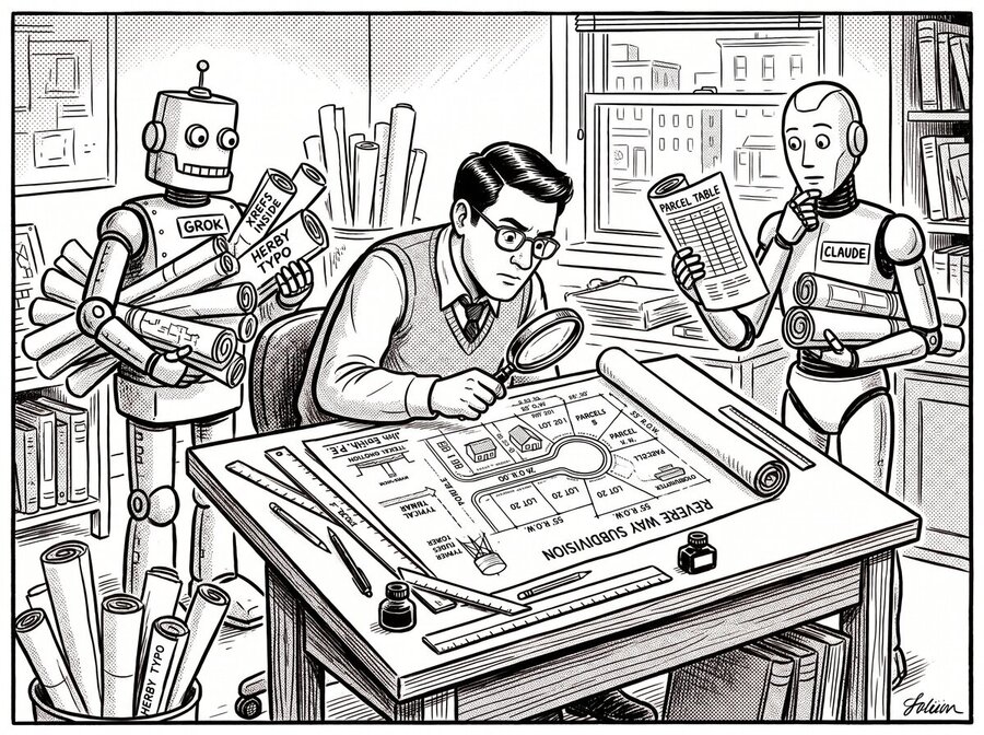 Pen-and-ink cartoon: an engineer in glasses and a sweater vest bends over a drafting table with a magnifying glass, inspecting a plan sheet titled "REVERE WAY SUBDIVISION" with lots, a cul-de-sac, and "55' R.O.W." labels. On the left, a boxy robot labelled "GROK" juggles an armful of rolled drawings tagged "XREFS INSIDE" and "HERBY TYPO," with more "HERBY TYPO" rolls in a bin at its feet. On the right, a sleek robot labelled "CLAUDE" studies a sheet marked "PARCEL TABLE" with a puzzled look.